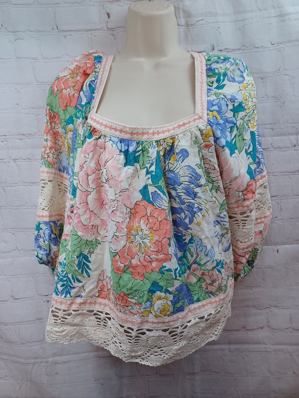 Christian Siriano Multicolor Garden Floral Lace-Trim Peasant Blouse L - Picture 3 of 10